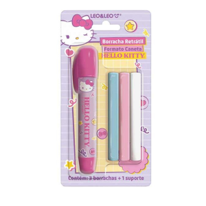 BORRACHA CANETA RETRATIL HELLO KITTY 1 SUPORTE E 3 BORRACHAS