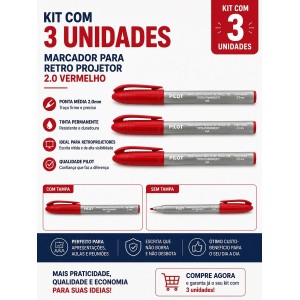 KIT MARCADOR PARA RETRO PROJETOR 2.0 VERMELHO 3 UNIDS PILOT