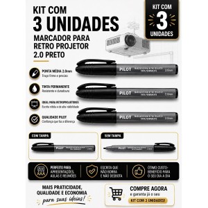 KIT MARCADOR RETRO PROJETOR PRETO 2.0 3 UNIDS PILOT