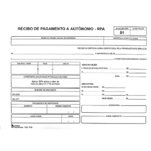 BLOCO DE RECIBO DE PAGAMENTO A AUTÔNOMO RPA 25X3 VIAS TAMOIO