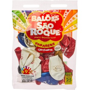 BALÃO DECORADO Nº 9 PARABÉNS CINTILANTE C/ 25 UN SÃO ROQUE
